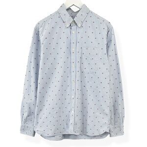 Maison Kitsune Blue & White Striped Embroidered Applique Cotton Button Up Shirt